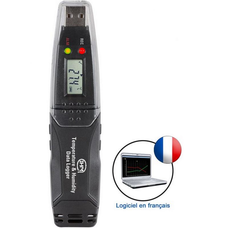 Enregistreur compact - Thermomètre / Hygromètre ambiant - Ecran LCD - Etanche IP54 - Alarme LED - Sortie USB vers PC + logiciel