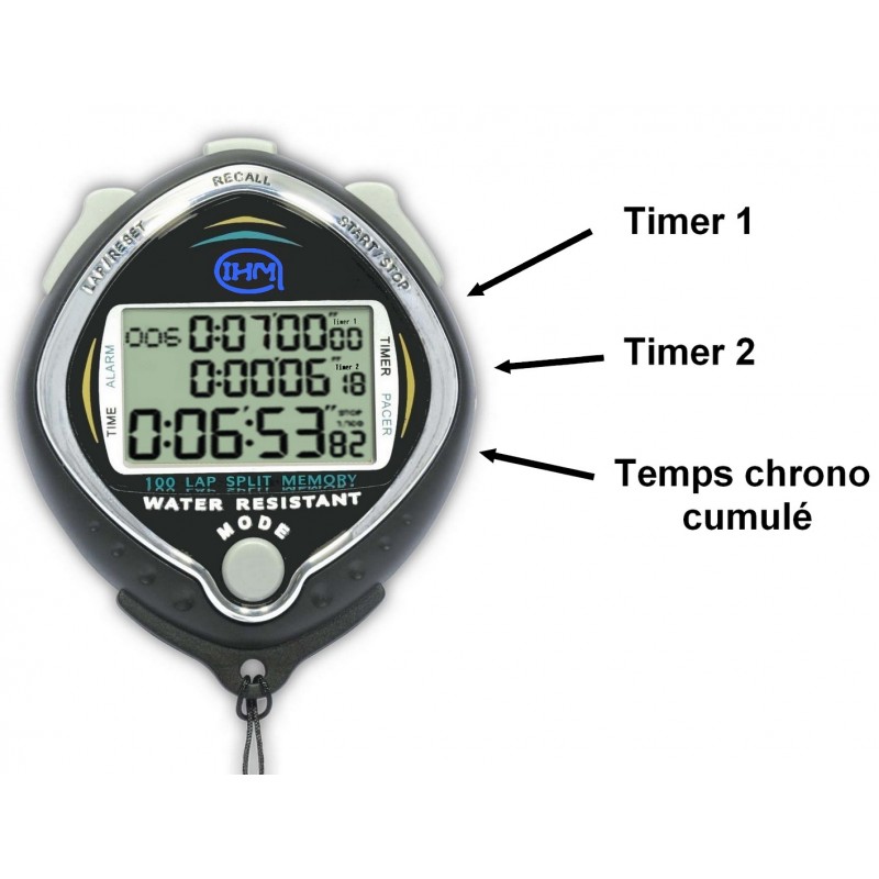 Chronomètre Numérique Étanché 100 Mémoires – 100 Tours/Split, Grand Écran, Anti-Buée, Compte à Rebours, Alarme, Idéal Natation & Sport